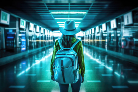 A woman walking in an airport with a backpack. back view photo with Generative AIの素材