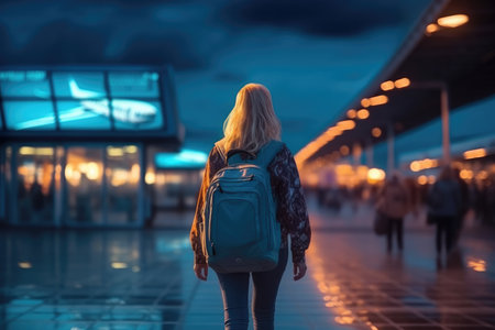 A woman walking in an airport with a backpack. back view photo with Generative AIの素材