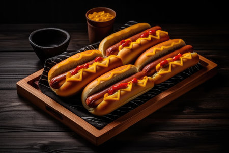 A tray with hotdogs on a wooden surface with Generative AIの素材