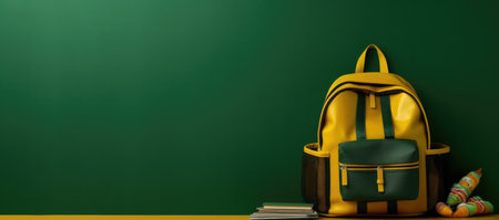Pencils, backpack and more items on a green background. Back to school concept with Generative AIの素材