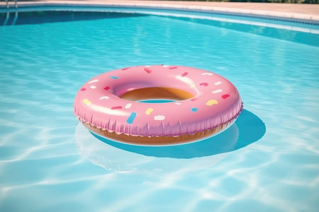 Pink donut float in swimming pool with Generative AIの素材