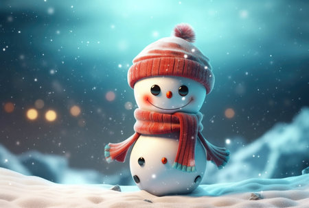 Snowman in the snow, in front of glowing lights and bokeh effect in the background. Christmas Concept with Generative AIの素材