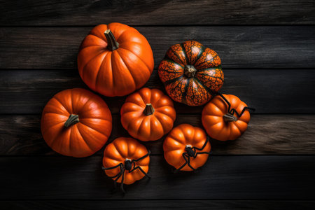 Photo of pumpkins on black wooden background for the holiday Halloween with Generative AIの素材