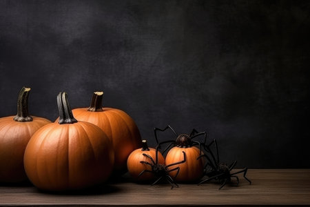 Photo of pumpkins on black wooden background for the holiday Halloween with Generative AIの素材