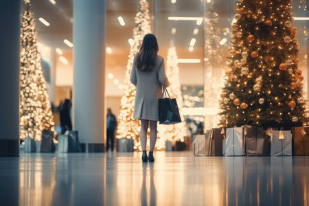 A woman walking around the mall before Christmas with her shopping bag with Generative AIの素材