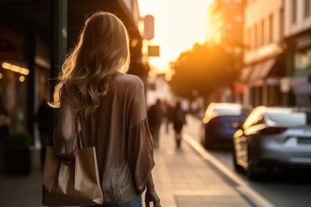 A woman walking around the mall before Christmas with her shopping bag with Generative AIの素材
