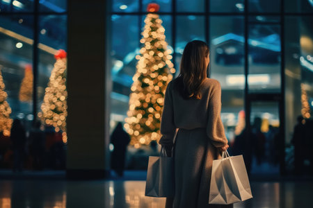 A woman walking around the mall before Christmas with her shopping bag with Generative AIの素材