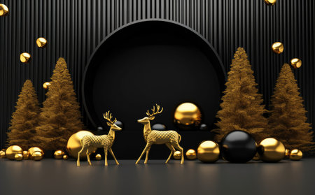 Golden deer and christmas decorations in front of black background with Generative AIの素材
