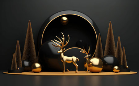 Golden deer and christmas decorations in front of black background with Generative AIの素材