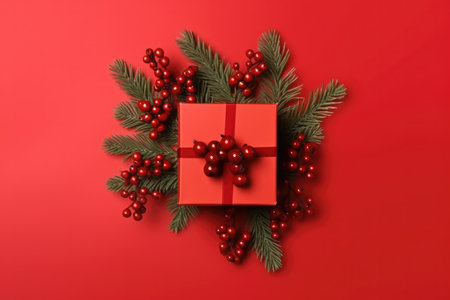 Top view photo of christmas pine tree leaf, red berries and red gift box on red background with Generative AIの素材