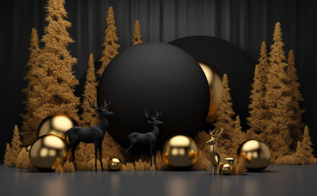 Golden deer and christmas decorations in front of black background with Generative AIの素材