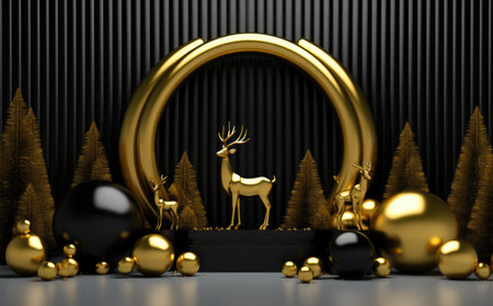 Golden deer and christmas decorations in front of black background with Generative AIの素材