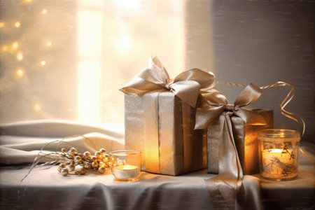 Shiny golden christmas gift box on wooden table in front of bokeh effect background with Generative AIの素材