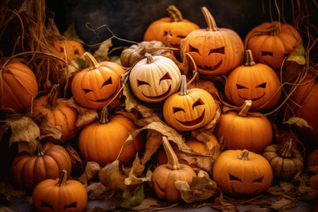 Halloween pumpkins and jack o lanterns on table with beautiful misty atmosphere, mysterious backdrop with Generative AIの素材