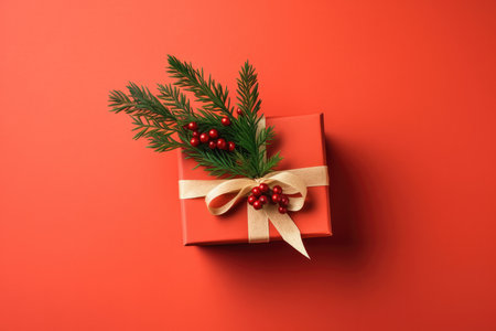 Top view photo of christmas pine tree leaf, red berries and red gift box on red background with Generative AIの素材