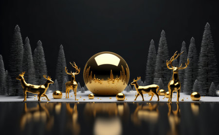 Golden deer and christmas decorations in front of black background with Generative AIの素材