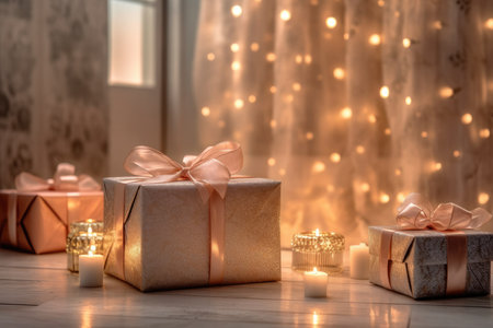 Shiny golden christmas gift box on wooden table in front of bokeh effect background with Generative AIの素材