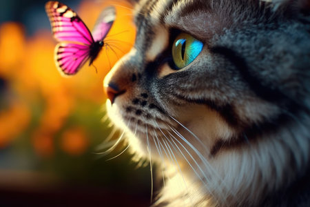 Close-up photo of cat with butterfly on nose with Generative AIの素材