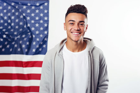 Photo of handsome american man posing in front of american flag. Generative AIの素材