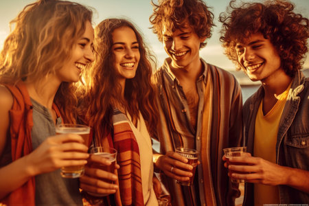 Group of young friends laughing with cold beer at summer party with Generative AIの素材