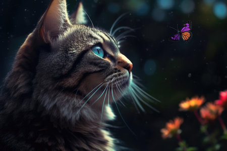 Close-up photo of cat with butterfly on nose with Generative AIの素材
