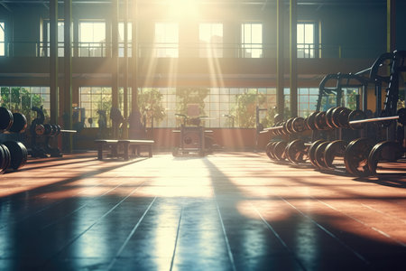Gym interior photo with sunlight leaking through the window with Generative AIの素材