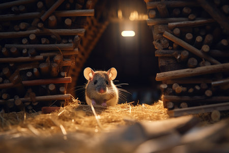 Cute brown mouse is wandering around a farm hangar with Generative AIの素材