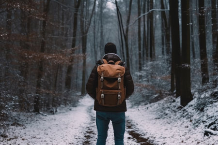 Camper man walking through the snow on the mountain top with Generative AIの素材