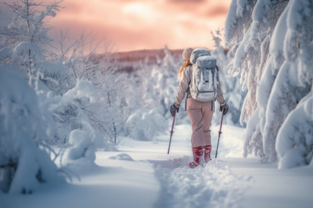 Camper woman walking through the snow on the mountain top with Generative AIの素材