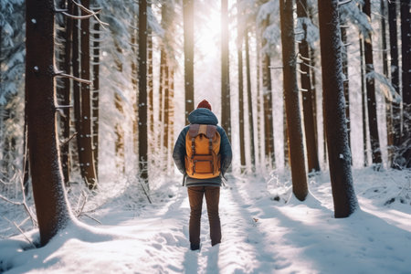 Camper man walking through the snow on the mountain top with Generative AIの素材