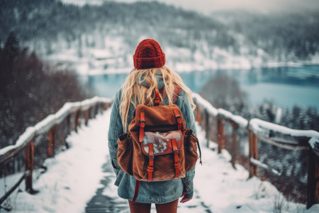 Camper woman walking through the snow on the mountain top with Generative AIの素材