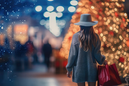 A woman walking around the mall before Christmas with her shopping bag with Generative AIの素材