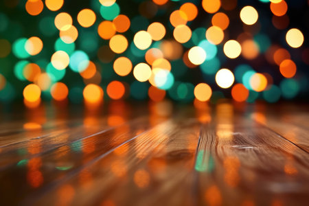 Photo of wooden empty floor with bokeh lights in the background. Christmas product promotion concept with Generative AIの素材