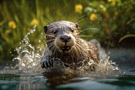 A close-up photo of an otter trying to make its nest in the water with Generative AIの素材