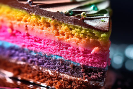 A lively and colorful extreme close - up of a slice of birthday cake. Generative AIの素材