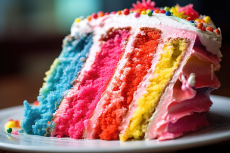 A lively and colorful extreme close - up of a slice of birthday cake. Generative AIの素材