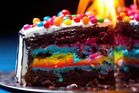 A lively and colorful extreme close - up of a slice of birthday cake. Generative AIの素材
