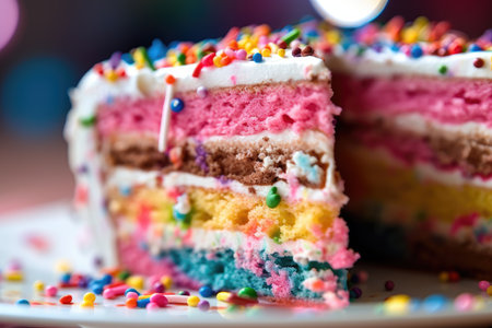 A lively and colorful extreme close - up of a slice of birthday cake. Generative AIの素材