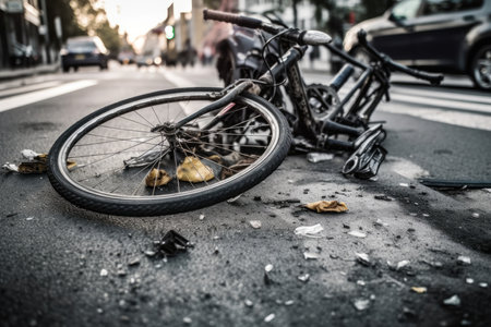 A image by capturing the aftermath of a bicycle crash on a city road. Generative AIの素材