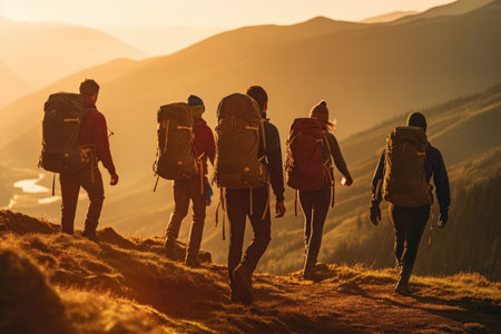 A close - up photo of a group of hiker tourists walking along a mountain ridge at sunset. Generative AIの素材