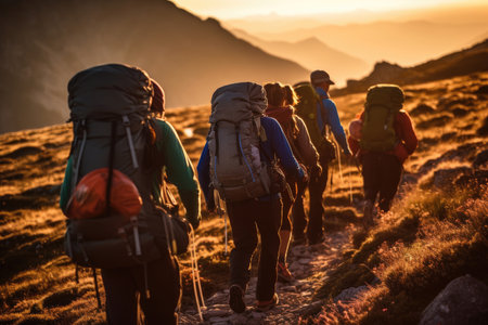 A close - up photo of a group of hiker tourists walking along a mountain ridge at sunset. Generative AIの素材