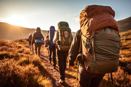 A close - up photo of a group of hiker tourists walking along a mountain ridge at sunset. Generative AIの素材