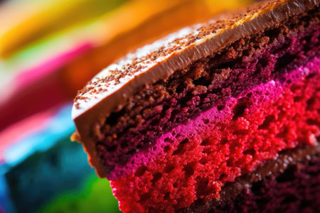 A lively and colorful extreme close - up of a slice of birthday cake. Generative AIの素材