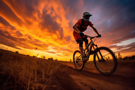 A close - up view of the silhouette of a man on a bike jumping in the golden sunset. Generative AIの素材