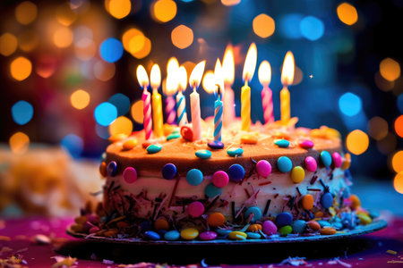 Close - up photo of a birthday celebration with a beautifully decorated cake, colorful candles. Generative AIの素材