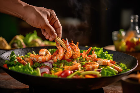 The freshness and vibrancy of a summer salad as a professional chef tosses a mix of colorful vegetables and juicy prawns in a large bowl. Generative AIの素材