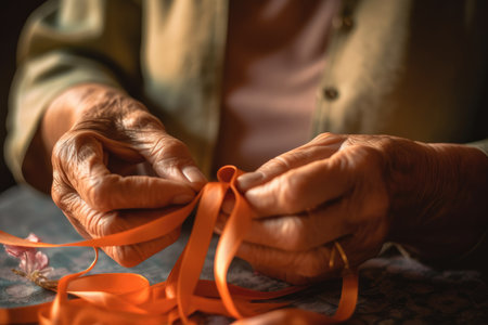 An intimate close - up shot of a grandmother's hands tying a birthday ribbon on a gift. Generative AIの素材