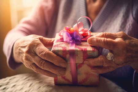 An intimate close - up shot of a grandmother's hands tying a birthday ribbon on a gift. Generative AIの素材