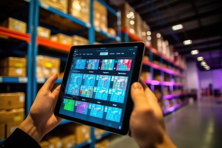 The efficiency and technology of a smart warehouse with a close - up shot of a manager using a digital tablet. Generative AIの素材