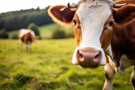 Close - up view of a cow grazing peacefully in a green pasture. Generative AIの素材